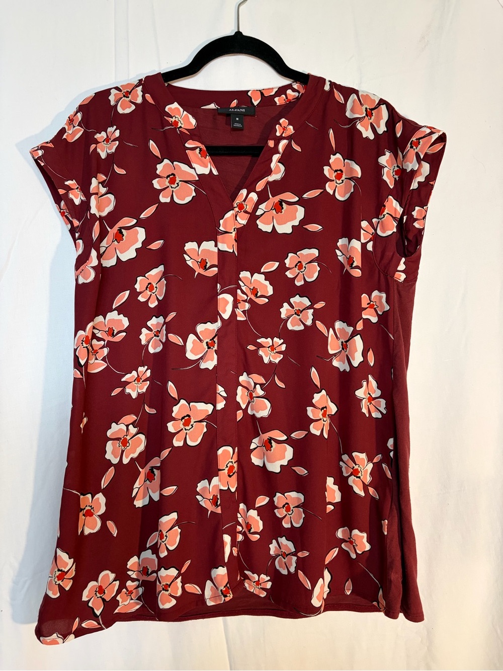 Alfani Burgundy Floral Trim V-Neck Top